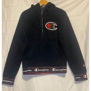 CHAMPION Fleece Sherpa‎ Hoodie SMALL Black BIG C-PATCH Pullover Elastic Bottom